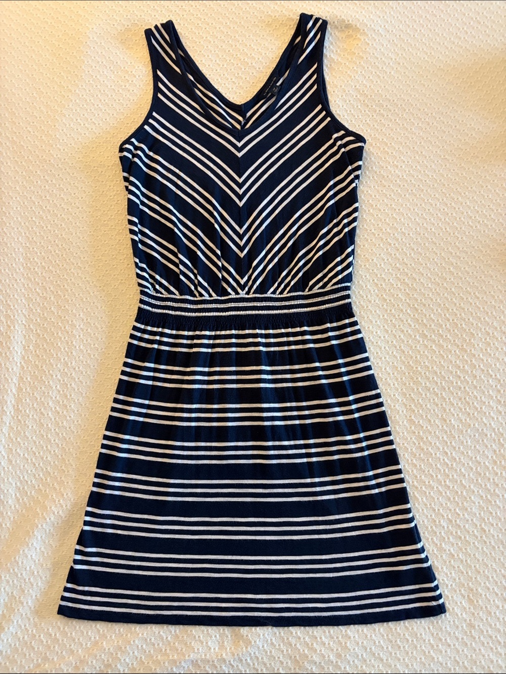 Tommy Hilfiger Navy and White Striped Sleeveless Smocked Waist Dress Size S